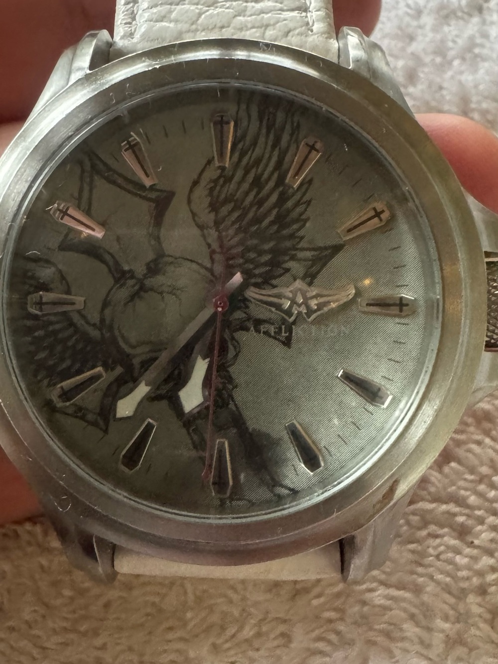 Affliction Silver-Tone, Winged Skull Emblem Back Watch with White Strap